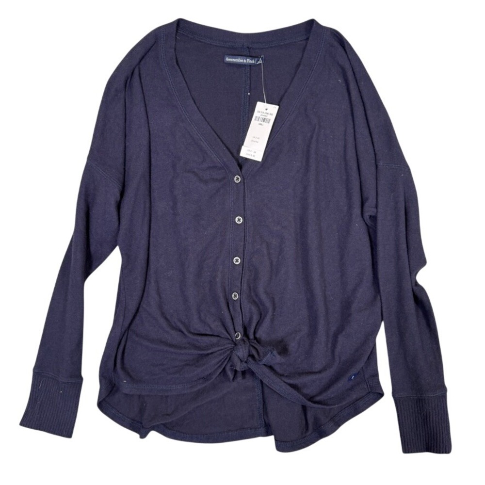 NWT Abercrombie & Fitch Navy Blue Tie Front Button Down Cardigan Sweater Small